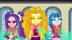 Size: 1366x768 | Tagged: safe, imported from derpibooru, screencap, adagio dazzle, aria blaze, sonata dusk, equestria girls, rainbow rocks, amulet, cafeteria, eyebrows, eyes closed, female, gem, glow, glowing, grin, jewelry, negative energy, siren gem, smiling, smirk, the dazzlings, trio