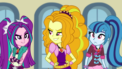 Size: 1366x768 | Tagged: safe, imported from derpibooru, screencap, adagio dazzle, aria blaze, sonata dusk, equestria girls, rainbow rocks, confused, crossed arms, eyebrows, gritted teeth, looking at each other, smiling, smirk, the dazzlings