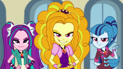 Size: 1366x768 | Tagged: safe, imported from derpibooru, screencap, adagio dazzle, aria blaze, sonata dusk, equestria girls, rainbow rocks, eyebrows, gritted teeth, hips, lidded eyes, looking at you, smiling, smirk, the dazzlings