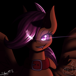 Size: 1000x1000 | Tagged: safe, artist:silverfox057, deleted from derpibooru, imported from derpibooru, scootaloo, collar, cutie mark crusaders, glowing eyes, solo