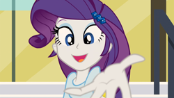 Size: 1366x768 | Tagged: safe, imported from derpibooru, screencap, rarity, equestria girls, rainbow rocks, female, hand, looking at you, reaching, reaching out, solo, stairs