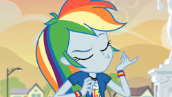 Size: 1366x768 | Tagged: safe, imported from derpibooru, screencap, rainbow dash, equestria girls, rainbow rocks, air guitar, duckface, eyes closed, female, solo, statue, u3u