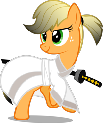 Size: 1742x2074 | Tagged: safe, artist:zacatron94, imported from derpibooru, applejack, earth pony, pony, alternate hairstyle, clothes, costume, female, halloween, halloween costume, holiday, mare, nightmare night, nightmare night costume, pun, samurai, samurai applejack, samurai jack, simple background, smiling, solo, sword, transparent background, two toned mane, visual pun, wholesome