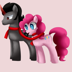 Size: 1100x1100 | Tagged: safe, artist:king-sombrero, imported from derpibooru, king sombra, pinkie pie, earth pony, pony, unicorn, clothes, duo, female, male, mare, scarf, shipping, sombrapie, stallion, straight