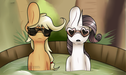 Size: 1280x770 | Tagged: safe, artist:vampdoq, imported from derpibooru, applejack, rarity, duo, glasses, song reference, sunglasses