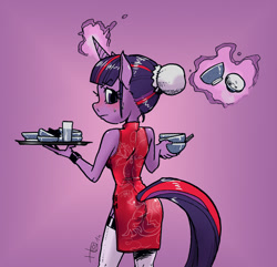 Size: 700x676 | Tagged: safe, artist:horlod, imported from derpibooru, twilight sparkle, anthro, alternate hairstyle, cheongsam, clothes, female, magic, odango, solo, telekinesis, waitress