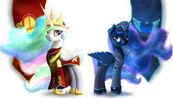 Size: 4800x2700 | Tagged: safe, artist:niegelvonwolf, imported from derpibooru, princess celestia, princess luna, alicorn, pony, cap, clothes, crown, emblem, flag, hat, logo, new lunar republic, solar empire, uniform