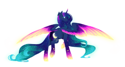 Size: 6000x3237 | Tagged: safe, artist:fuyusfox, imported from derpibooru, princess luna, absurd resolution, ethereal mane, female, galaxy mane, looking back, rainbow power, rainbow power-ified, simple background, solo, transparent background