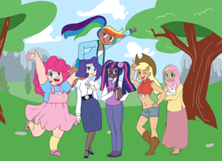 Size: 1500x1090 | Tagged: safe, artist:jun-k-tastic, imported from derpibooru, angel bunny, applejack, fluttershy, pinkie pie, rainbow dash, rarity, twilight sparkle, human, belly button, boots, clothes, dark skin, diversity, front knot midriff, high heels, hijab, humanized, islam, islamashy, long skirt, looking at you, mane six, midriff, ponytail, sandals, shoes, skirt