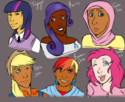 Size: 1600x1300 | Tagged: safe, artist:rad-pax, imported from derpibooru, applejack, fluttershy, pinkie pie, rainbow dash, rarity, twilight sparkle, human, dark skin, diversity, hijab, humanized, islam, islamashy, jaundice, mane six, manface, uncanny valley