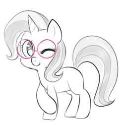 Size: 900x900 | Tagged: safe, artist:pegacornss, imported from derpibooru, trixie, pony, unicorn, cute, diatrixes, female, glasses, mare, monochrome, neo noir, partial color, smiling, solo, wink