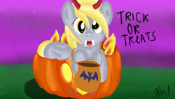 Size: 1280x720 | Tagged: safe, artist:jbond, imported from derpibooru, derpy hooves, pegasus, pony, female, halloween, holiday, mare, open mouth, postcard, signature, solo, text