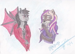 Size: 2905x2116 | Tagged: safe, artist:littlewolfstudios, imported from derpibooru, oc, oc only, oc:qetesh, anthro, bat pony, wolf, bust, clothes, cute, friends, furry, gossip, hand colored, laughing, sketch, traditional art