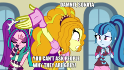 Size: 1280x720 | Tagged: safe, imported from derpibooru, screencap, adagio dazzle, aria blaze, sonata dusk, equestria girls, rainbow rocks, caption, mean girls, the dazzlings