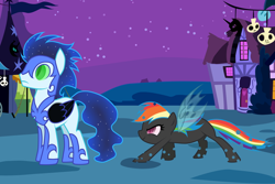 Size: 1024x683 | Tagged: safe, artist:rulette, imported from derpibooru, nightmare moon, rainbow dash, soarin', changeling, clothes, costume, female, male, nightmare night, shipping, soarindash, straight