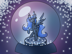 Size: 800x600 | Tagged: safe, artist:karlaandbliss, imported from derpibooru, princess luna, lunadoodle, female, raised hoof, snow globe, solo, spread wings