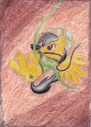 Size: 2359x3303 | Tagged: safe, artist:littlewolfstudios, imported from derpibooru, daring do, commission, cute, female, grin, hoof hold, mouth hold, smirk, solo, swinging, traditional art, underhoof, vine, whip