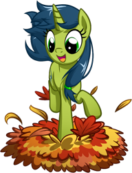 Size: 576x750 | Tagged: safe, artist:habijob, imported from derpibooru, oc, oc only, oc:magical disaster, pony, unicorn, autumn, cute, jumping, leaf pile, ocbetes, solo, stomping