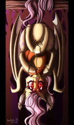 Size: 900x1523 | Tagged: safe, artist:inuhoshi-to-darkpen, imported from derpibooru, fluttershy, female, flutterbat, hanging, pumpkin, solo, upside down