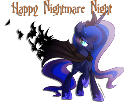 Size: 2313x1913 | Tagged: safe, artist:drawntildawn, imported from derpibooru, princess luna, bat, bat cloak, cape, clothes, female, nightmare night, raised hoof, simple background, solo, transparent background