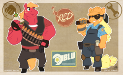 Size: 3932x2400 | Tagged: safe, artist:atryl, artist:kirrol, imported from derpibooru, applejack, big macintosh, anthro, unguligrade anthro, crossover, engiejack, engineer, heavy mac, heavy weapons guy, sandvich, sandwich, team fortress 2