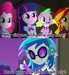 Size: 750x823 | Tagged: safe, edit, imported from derpibooru, screencap, dj pon-3, pinkie pie, spike, sunset shimmer, twilight sparkle, vinyl scratch, dog, equestria girls, rainbow rocks, crossover, iggy, iggy (jjba), jojo's bizarre adventure, screencap comic, spike the dog, twilight sparkle (alicorn)