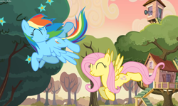 Size: 1722x1026 | Tagged: safe, artist:asika-aida, imported from derpibooru, fluttershy, rainbow dash, pegasus, pony, ^^, clubhouse, crusaders clubhouse, duo, duo female, eyes closed, female, flying, mare, smiling, tree