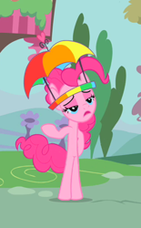 Size: 309x500 | Tagged: safe, imported from derpibooru, screencap, pinkie pie, pony, bipedal, female, hat, mare, solo, umbrella hat, wat