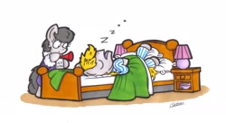 Size: 2320x1262 | Tagged: safe, artist:bobthedalek, imported from derpibooru, oc, oc only, oc:mixed melody, oc:octavia's father, oc:octavia's mother, oc:ostinato melody, earth pony, pony, airhorn, bed, bed mane, clothes, dressing gown, duo, female, incoming prank, lamp, male, on back, pajamas, prank, suddenly..., this will end in tinnitus, z, zzz