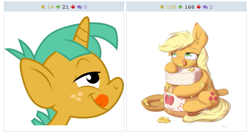 Size: 523x278 | Tagged: safe, imported from derpibooru, applejack, snails, derpibooru, applesauce, appletini, exploitable meme, juxtaposition, juxtaposition win, licking lips, meme, meta