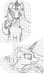 Size: 966x1588 | Tagged: safe, artist:adlaz, imported from derpibooru, princess celestia, monster pony, original species, tatzlpony, graph paper, monochrome, princess tatzlestia, tentacle tongue, traditional art