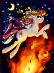 Size: 805x1082 | Tagged: safe, artist:chio-kami, imported from derpibooru, oc, oc only, oc:marussia, earth pony, pony, braid, crescent moon, fire, flower, flower in hair, moon, nation ponies, russia, solo