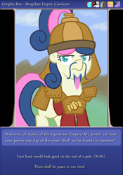 Size: 490x700 | Tagged: safe, artist:atlur, deleted from derpibooru, imported from derpibooru, bon bon, sweetie drops, armor, beard, bon bon is not amused, bonafied, bonpun, civilization, civilization iv, frown, genghis khan, glare, goatee, looking at you, mongol, moustache, tumblr