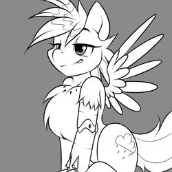 Size: 1280x1280 | Tagged: safe, artist:kloudmutt, imported from derpibooru, oc, oc only, oc:frosty winds, cyborg, fallout equestria, fallout equestria: memories, chest fluff, monochrome, prosthetic limb, smug, solo