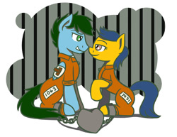 Size: 800x618 | Tagged: safe, artist:flutterluv, imported from derpibooru, oc, oc only, clothes, duo, prison, prison outfit