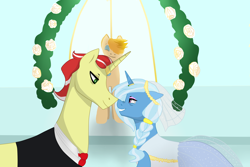 Size: 3000x2000 | Tagged: safe, artist:silcybell, imported from derpibooru, flim, trixie, pony, unicorn, alternate hairstyle, clothes, dress, female, flixie, flower, male, mare, shipping, straight, wedding, wedding dress