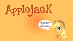 Size: 1920x1080 | Tagged: safe, imported from derpibooru, applejack, earth pony, pony, antisemitism, apple, applehick, applejack's hat, cowboy hat, dialogue, female, food, hat, holocaust, holocaust denial, hoof hold, looking at you, mare, op is a duck, open mouth, orange background, out of character, racism, simple background, solo, speech bubble, wallpaper