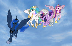 Size: 5100x3300 | Tagged: safe, artist:peichenphilip, imported from derpibooru, princess cadance, princess celestia, princess luna, twilight sparkle, alicorn, pony, alicorn tetrarchy, female, flying, looking at you, mare, open mouth, smiling, spread wings, twilight sparkle (alicorn)