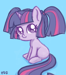 Size: 718x812 | Tagged: safe, artist:mcponyponypony, imported from derpibooru, twilight sparkle, alternate hairstyle, blank flank, blue background, cute, female, filly, filly twilight sparkle, pigtails, simple background, solo, twiabetes, weapons-grade cute, younger