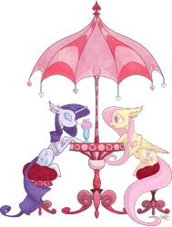 Size: 1455x1928 | Tagged: safe, artist:yourfavoritesoybean, imported from derpibooru, fluttershy, rarity, pegasus, pony, unicorn, drinking, female, flarity, food, horn, lesbian, mare, shipping, sitting, stool, straw, table, umbrella, wings