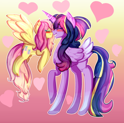 Size: 2160x2130 | Tagged: safe, artist:karsismf97, imported from derpibooru, fluttershy, twilight sparkle, alicorn, pegasus, pony, boop, duo, eyes closed, female, gradient background, height difference, lesbian, mare, older, rainbow power, shipping, size difference, twilight sparkle (alicorn), twishy, ultimate twilight