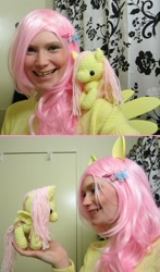 Size: 585x992 | Tagged: safe, artist:maishericostumes, imported from derpibooru, fluttershy, human, clothes, cosplay, irl, irl human, photo, plushie, sweater, sweatershy