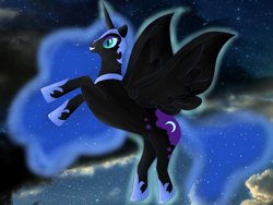 Size: 1024x768 | Tagged: dead source, safe, artist:lovelyseadragon, imported from derpibooru, nightmare moon, alicorn, pony, female, flying, solo