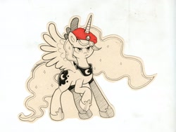 Size: 3292x2474 | Tagged: safe, artist:ottonandpoky, imported from derpibooru, princess luna, beret, female, solo, traditional art