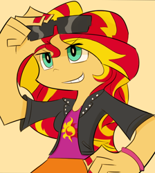 Size: 776x866 | Tagged: safe, artist:lance, imported from derpibooru, sunset shimmer, equestria girls, female, panty and stocking with garterbelt, smiling, smirk, solo, style emulation, sunglasses