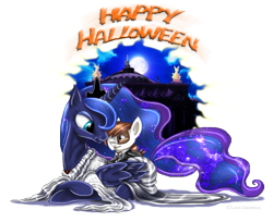 Size: 680x556 | Tagged: dead source, safe, artist:lova-gardelius, imported from derpibooru, pipsqueak, princess luna, duo, female, halloween, lunapip, male, phantom of the opera, prone, shipping, smiling, straight, wink