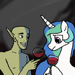 Size: 500x500 | Tagged: safe, artist:misery, imported from derpibooru, princess celestia, chim, crossover, morrowind, the elder scrolls, vehklestia, vivec, wat, wine