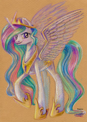 Size: 600x846 | Tagged: safe, artist:maytee, imported from derpibooru, princess celestia, female, raised hoof, solo, spread wings, traditional art