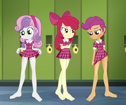 Size: 1684x1408 | Tagged: safe, artist:ohohokapi, edit, imported from derpibooru, apple bloom, scootaloo, sweetie belle, equestria girls, barefoot, blushing, clothes, cutie mark crusaders, dress, embarrassed, feet, jailbait, school uniform, schoolgirl, short dress, tomboy taming