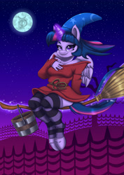 Size: 4960x7015 | Tagged: safe, artist:theonedzaan, imported from derpibooru, twilight sparkle, anthro, unguligrade anthro, absurd resolution, broom, bucket, clothes, costume, crossover, dead tree, fantasia, female, fence, flying, flying broomstick, full moon, hat, levitation, looking at you, magic, moon, night, night sky, sitting, smiling, socks, solo, stars, striped socks, telekinesis, tree, twilight sparkle (alicorn), witch, witch hat
